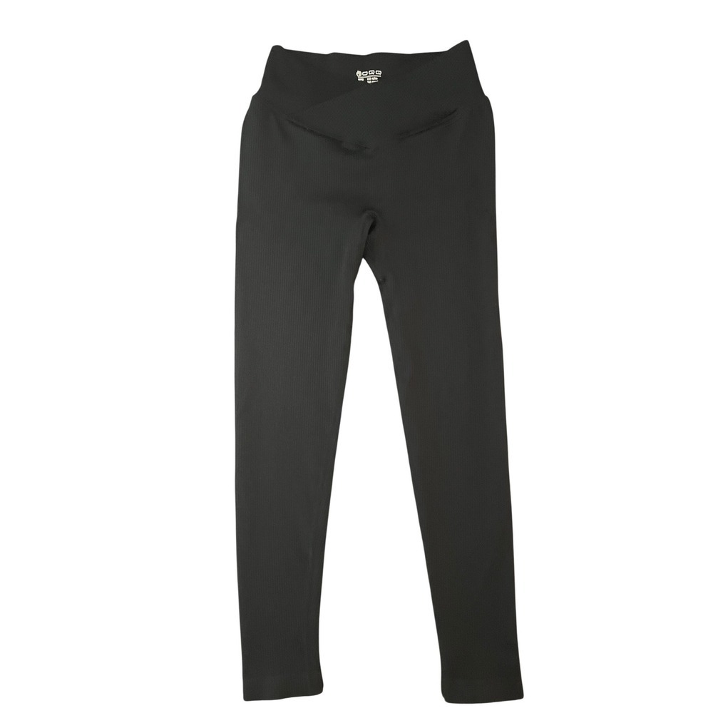 OQQ Ribbed Crossover V Waist Leggings Black High Waisted Yoga Pants Small (0997)